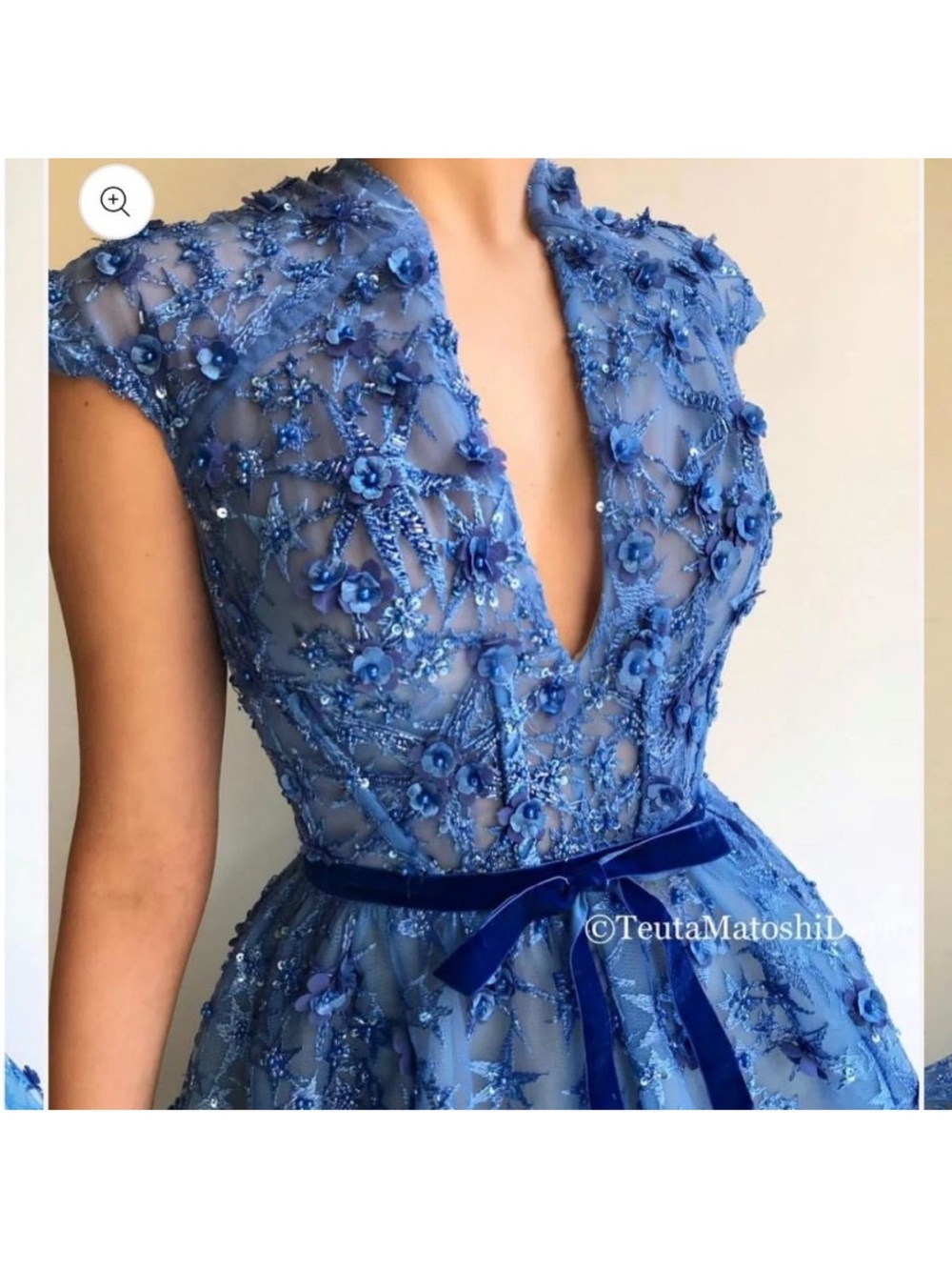 Teuta Matoshi Royal Blue 3D Floral Deep V Prom Dress